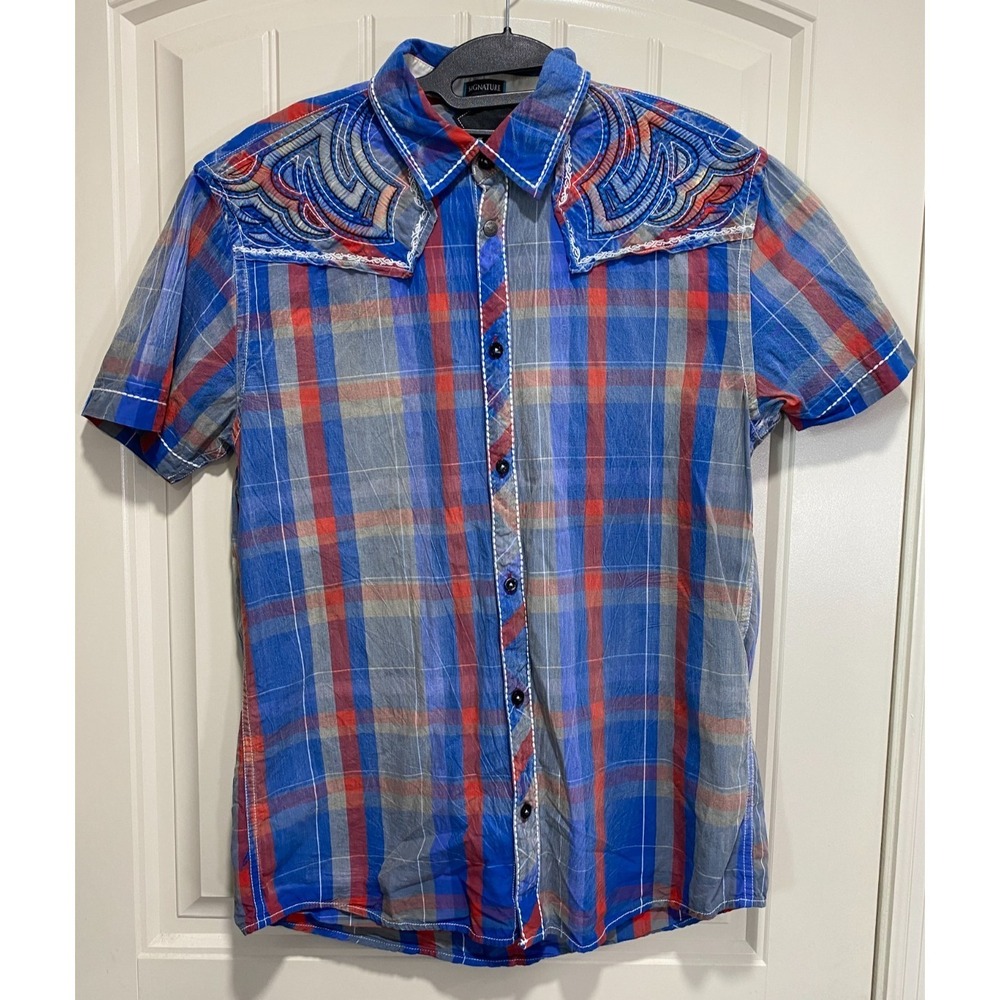 Roar Signature Men's L Button Up Shirt Short Sleeve Embroidered Red White Blue